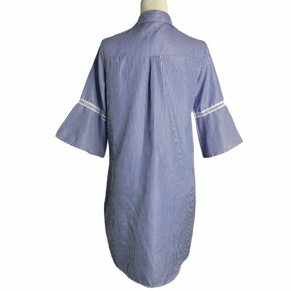 Embroidered Tunic Shirt Dress S Blue Striped Floral Button Down Bell Sleeves - Picture 7 of 8